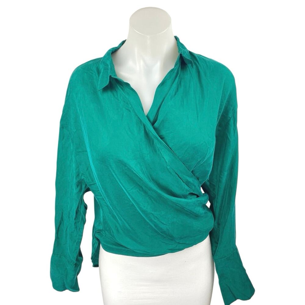 NEW Sovere Arlo Women's Green Long Sleeve Faux Wrap Shirt Blouse Top Size S